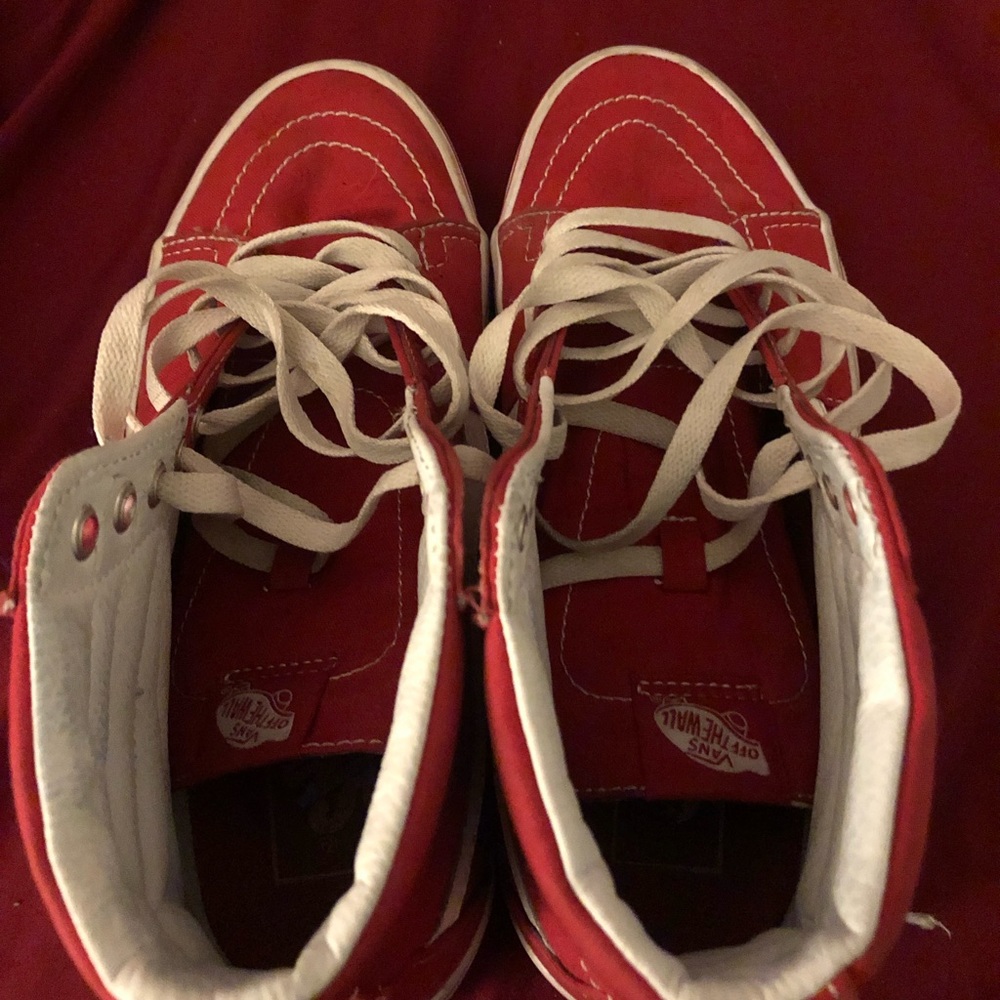 Red high top checkered vans